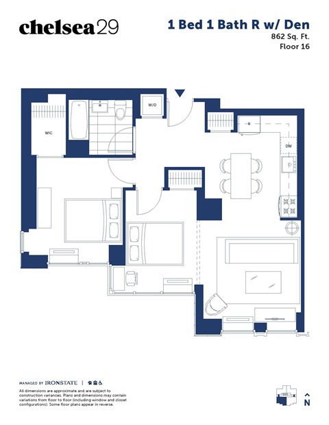 A floor plan for a 1 Bed 1 Bath room with a den.